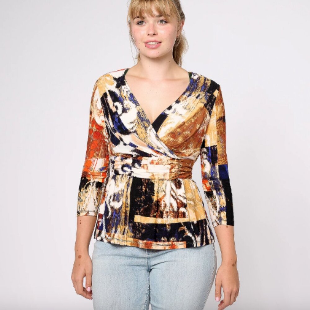Attitudes by Renee Como Jersey Rouched Waist Mock Wrap Top , Sz XS a616812